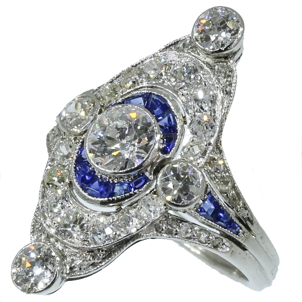 Magnificent Art Deco platinum diamond and sapphire engagement ring